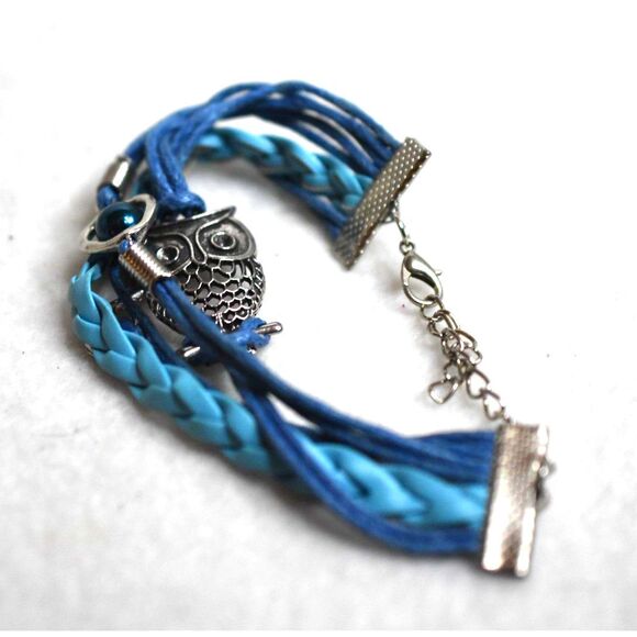 Teal Leather Owl/Infinity/Floating Bead Heart Silver Tone Multi Strap Bracelet - Picture 3 of 3